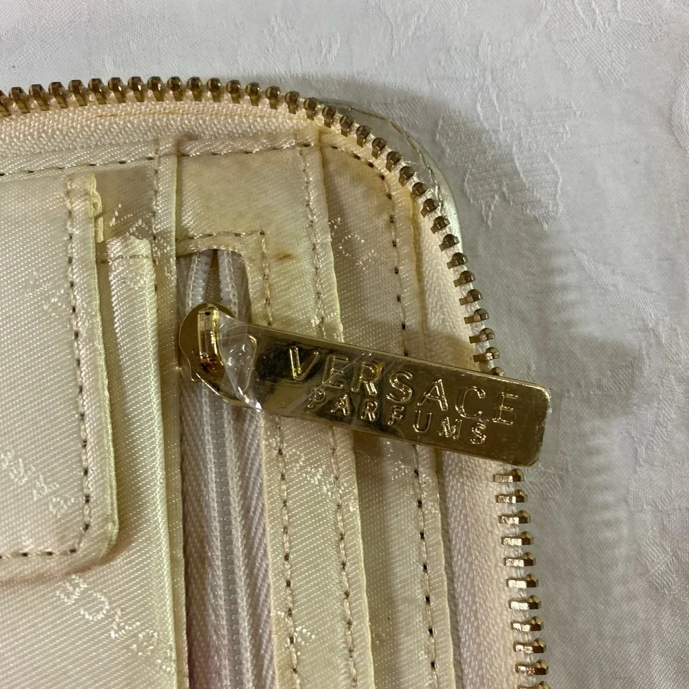 Versace Parfums Gold Metallic Zip-Around Wallet Clutch Wristlet Organiser wChain